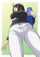 black_hair large_breasts glasses low_angle brown_eyes point_of_view white_pants servant_x_service yamagami_lucy kouda_tomohiro