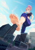 drawing city mega color barefoot yellow_eyes pink_hair dirty_soles trees raised_foot imminent_crush iodain bare_midriff