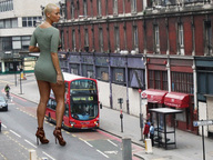 giantess collage city high_heels buildings dress unknown_artist legs bus streets shaved_head