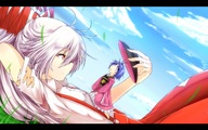 drawing gentle giantess white_hair color blue_eyes barefoot touhou purple_hair red_eyes shrunken_woman outdoors fujiwara_no_mokou source_needed looking_at_tiny sukuna_shinmyoumaru urban_legend_in_limbo martian_successor_nadesico