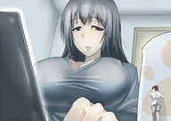 drawing gentle color cleavage anime smiling sitting shrunken_man open_mouth desk grey_hair grey_eyes looking_at_tiny mejiro