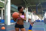 collage small_man size_difference mini_giantess hand basketball squeezemeflat looking_at_tiny navel_ring