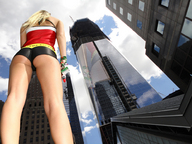 giantess collage blonde buildings low_angle legs skyscraper clouds sky point_of_view behind_view street_view giulio_10