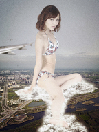 breasts collage city mega swimsuit destruction toes barefoot soles butt_crush brunette brown_eyes asian sitting battle belly explosion jets smoke thighs missiles looking_at_viewer ankles sjw
