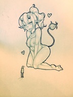 breasts drawing nipples gentle nude furry horns tail size_difference monochrome cleavage anime unknown_artist demoness looking_down thighs source_needed looking_at_tiny