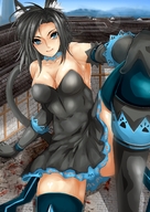 breasts drawing giantess tail black_hair color large_breasts long_hair blue_eyes cleavage buildings blood cat_ears smiling gloves legs cat_girl sky black_gloves choker thigh_highs looking_at_viewer black_dress bare_shoulders elbow_gloves inked nonoririn lens_flare armpits strapless_dress