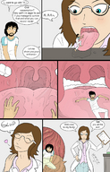 drawing vore color long_hair tongue glasses saliva brunette shrunken_man open_mouth swallowed science inside_view willing inside_stomach experiment dialogue on_tongue moebius labcoat