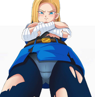 drawing growth upskirt blonde blue_eyes angry low_angle android_18 dragon_ball looking_down point_of_view looking_at_viewer ripped_clothing dragonballz perspective no_background
