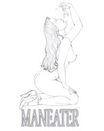 giantess vore monochrome long_hair mouth high_heels kneeling hand shrunken_man dangle between_fingers sketching