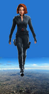 collage landscape city mega red_hair boots walking sky looking_at_viewer belt jumpsuit scarlett_johansson zipper misterwerder black_widow marvel_comics marvel_cinematic_universe