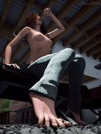 breasts mouth handheld toes barefoot red_hair shrunken_man trapped dangle between_toes looking_at_victim imminent_vore imminent_crush sorenzer0 digital_render