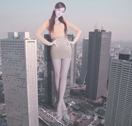 giantess collage city long_hair clothed smiling asian skyscraper standing sky between_buildings yamato