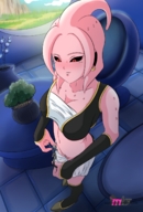 drawing pussy blushing color handheld red_eyes belly shrunken_man looking_down dangle indoors commission sugarnhoney lassic pink_skin majin_(dragonball) dragonball_xenoverse female_majin