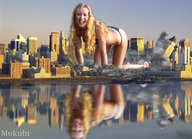 collage city mega blonde destruction mokubi crawling skyscraper reflection looking_at_viewer waterfront