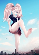 drawing giantess crush city mega upskirt blonde color destruction blue_eyes barefoot helicopter low_angle foot_crush legs sky point_of_view raised_foot iodain junko_enoshima danganronpa