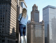 giantess collage city blonde skyscraper sky between_buildings behind_view pacmanri