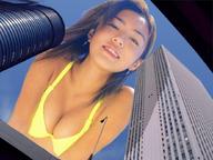 giantess collage mega swimsuit brunette low_angle brown_eyes asian unknown_artist bending_over point_of_view