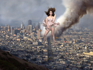 collage city mega upskirt destruction brunette skyscraper looking_at_viewer evening_dress middle_finger anna_kendrick