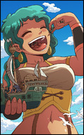 breasts drawing giantess karbo vore mega color clothed handheld one_piece green_hair belly boats swallowed clouds sky corset birds closed_eyes earrings multiple_victims throat_bulge warship cannons lily_enstomach multiple_swallowing mass_vore