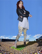 giantess collage long_hair skirt high_heels red_hair leggings outdoors jacket crossed_arms football_stadium standing_up smarmy