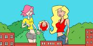 breasts drawing gentle giantess city mega blonde color handheld cleavage buildings pink_hair unknown_artist shorts giantesses top on_shoulder shoulder_carry