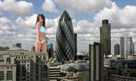 breasts giantess collage city mega swimsuit cleavage buildings brunette london clouds sky looking_at_viewer zed782 gherkin