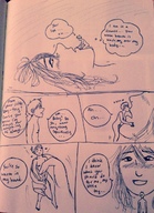 drawing nude monochrome long_hair handheld lying_down kissing heart shrunken_man body_exploration dialogue supervicki23 on_chin