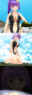 growth giantess city mega space color cleavage helicopter purple_hair galaxy kneeling navel looking_down winking digital_render