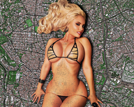 giantess collage city mega blonde long_hair swimsuit lying_down outdoors aerial_view crowds