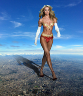 collage mega blonde swimsuit destruction blue_eyes high_heels buildings shadow belly walking clouds sky white_gloves