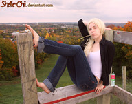crush collage feet landscape blonde barefoot foot_crush shrunken_man outdoors fence looking_at_viewer shelle_chii shelle fence_post