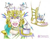 drawing giantess feet color green_eyes goddess sandals dragonesslife tribal green_dress warriors spears headdress war_paint war_chariot archers