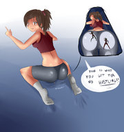 drawing color butt_crush brunette socks ponytail belly shrunken_people looking_down english zoom under_butt karsinan