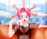 breasts drawing color bra ocean anime green_eyes pink_hair love shrunken_man suit ponytails dangle clouds sky chopsticks sofa astonished hunterxhunter