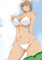 bikini breasts drawing giantess color cleavage brunette short_hair bikuta looking_at_tiny between_breasts