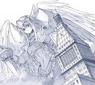 drawing giantess wings angel monochrome armor sword anime seo_tatsuya looking_down tower helmet