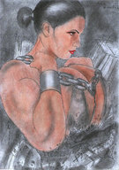 breasts drawing giantess crush mega black_hair color armor destruction buildings ponytail muscles chains olivier debris shackles