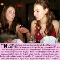 collage dinner handheld brunette story shrunken_man necklace earrings looking_at_viewer wine_glass looking_at_tiny dresses disappointed