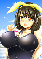 breasts drawing giantess small_man city mega color cleavage climbing brunette unknown_artist body_exploration kotori looking_at_tiny shima_yuriika