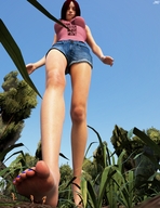 nude feet black_hair large_breasts toes barefoot shrunken_men foot_crush shorts running looking_down grass sky pedicure trees daisy_dukes imminent_crush digital_render jamesmason0 kendalthegiantess summer_stroll