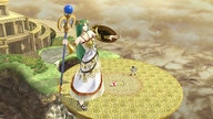 gentle giantess high_heels goddess green_hair dress video_game clouds looking_up staff necklace cliff shield temple digital_render headdress palutena super_smash_bros. super_smash_bros._4 palutenas_temple
