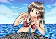 breasts drawing gentle giantess color bra ocean anime brunette navel undressing cliff looking_at_tiny muffyma