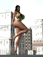 breasts giantess city color butt swimsuit buildings huge_breasts green_hair looking_down standing streets no_background digital_render telephone_poles