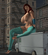 breasts nipples giantess buildings huge_breasts red_hair sitting navel streets looking_at_viewer alley digital_render panel_van green_leggings