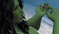 black_hair handheld purple_eyes muscles ant-man drcreep green_skin digital_render she-hulk marvel_comics blue_background