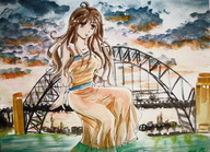 gentle giantess city color bridge brunette dress sitting painting river storm_clouds watercolor