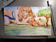 drawing gentle giantess handheld tree red_hair crawling grass squirrel sky watercolor orange_dress