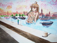 breasts drawing nipples giantess city color brunette brown_eyes boats pier harbor waterfront looking_at_tiny watercolor