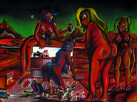 breasts nipples tail color butt sitting looking_down painting giantesses vehicles night semi_truck attack_of_the_60ft_centerfold drive_in_theater