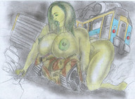 breasts drawing nipples nude color butt destruction tank straddling olivier subway_train green_skin she-hulk marvel_comics